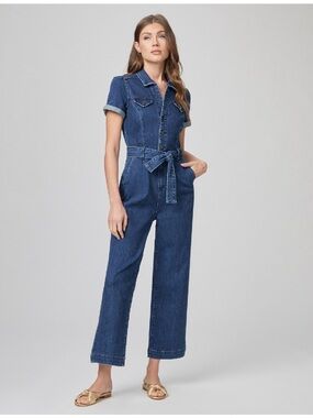 PAIGE Dark Blue Denim Short-Sleeve Utility Jumpsuit
